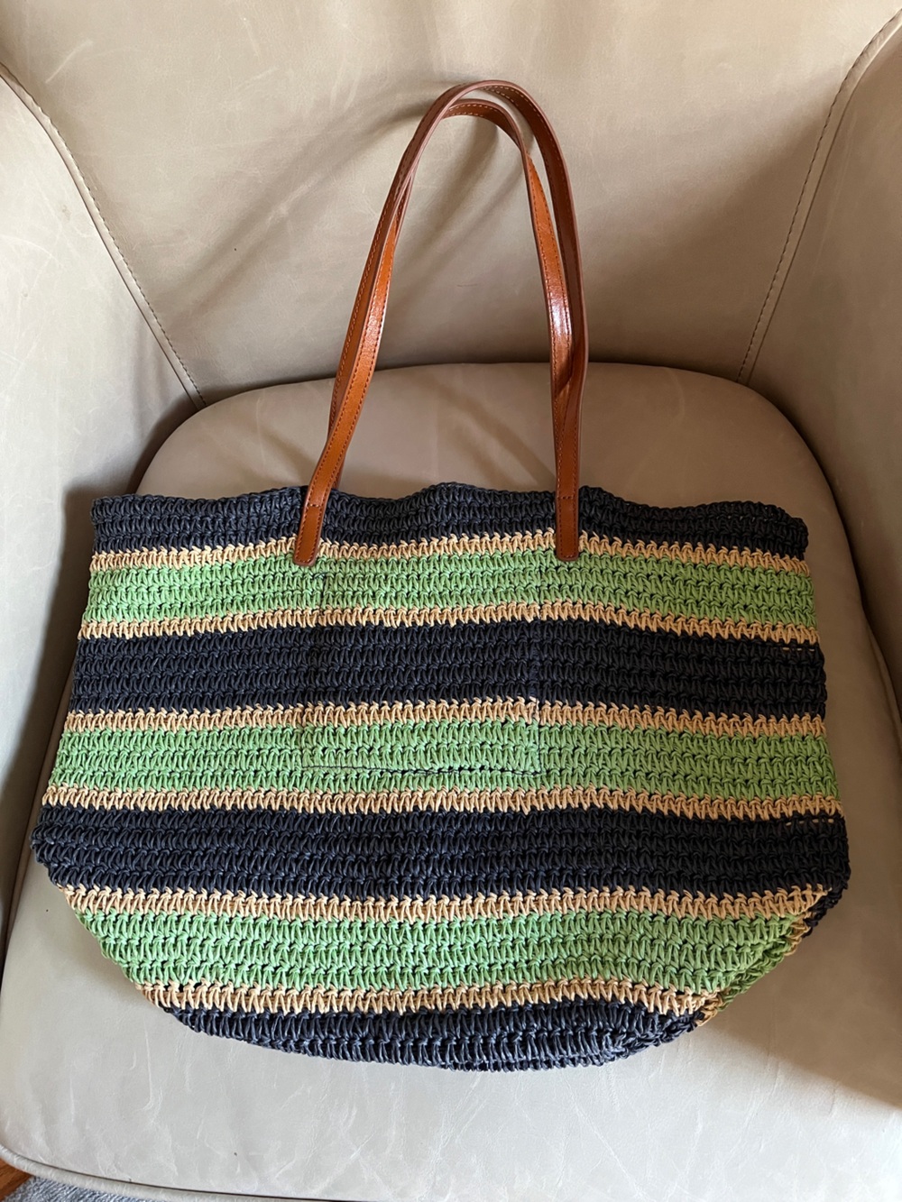NWOT Striped Straw Tote Bag with Leather Handles - Green/Blue